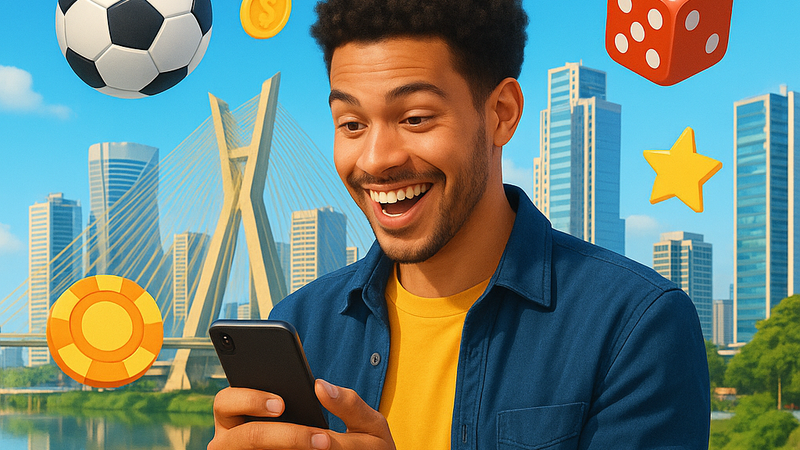 Apostador brasileiro olhando para o celular com uma expressão preocupada.